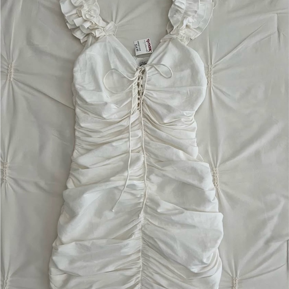 NWT Zara White Ruched Dress with Ruffle Straps